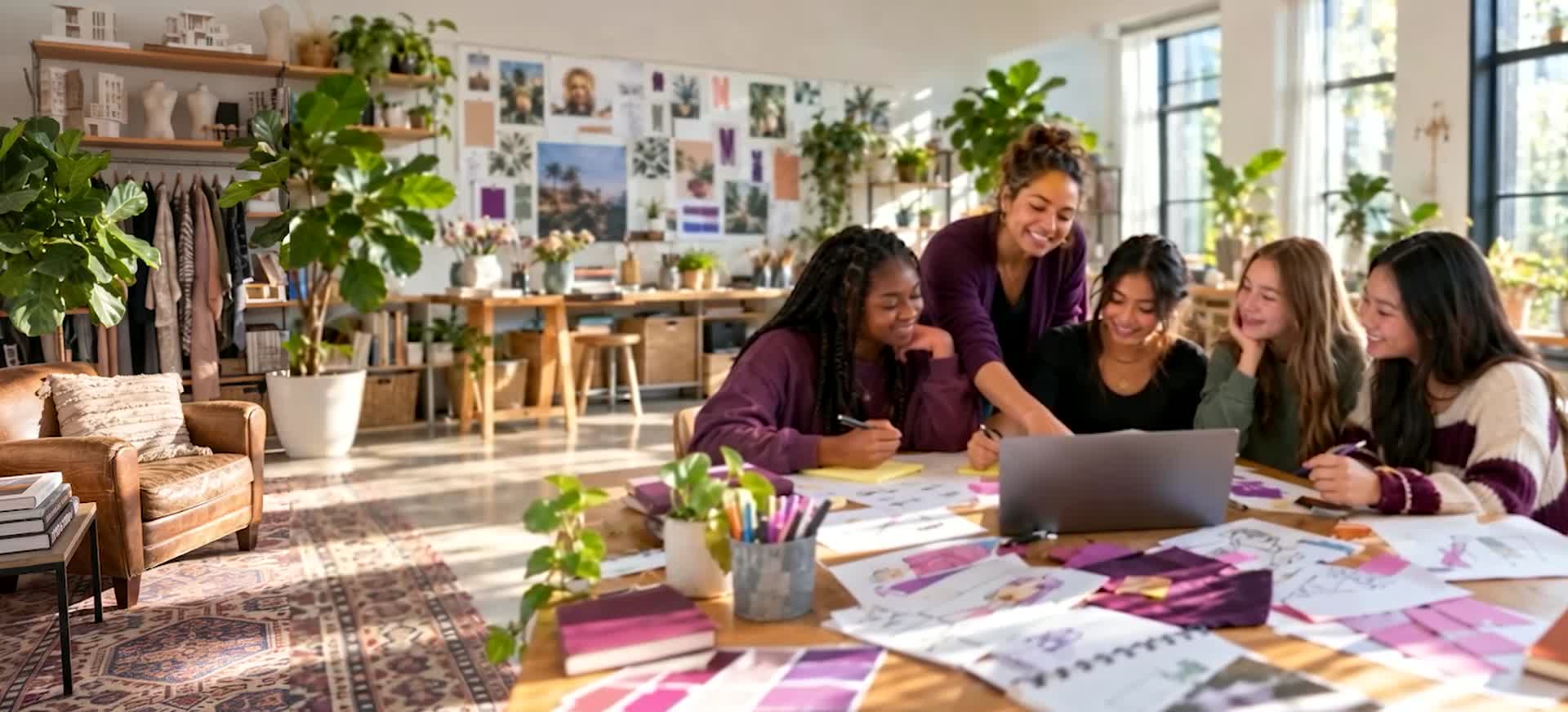 Girls collaborating with a mentor during a creative workshop