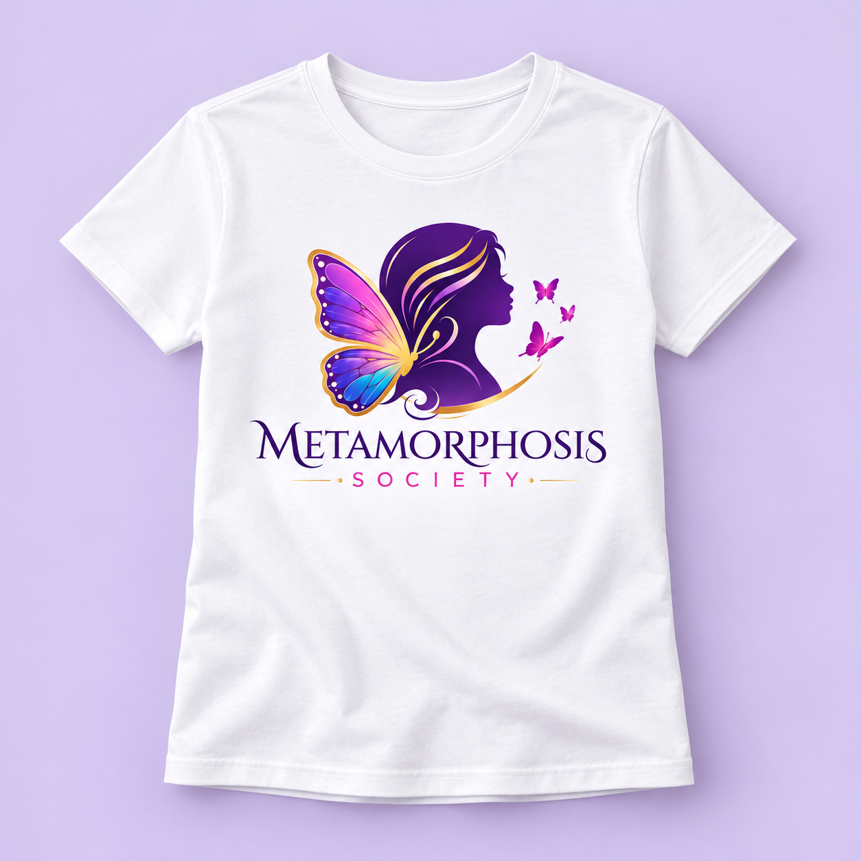 White Metamorphosis Society logo T-shirt product mockup